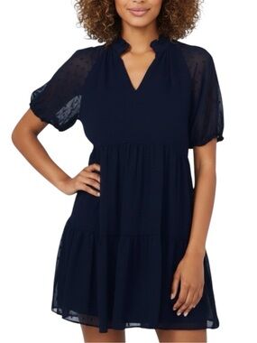 NWT CECE Navy Swiss Dot Short Sleeve Ruffle V-Neck Babydoll Dress Size Large